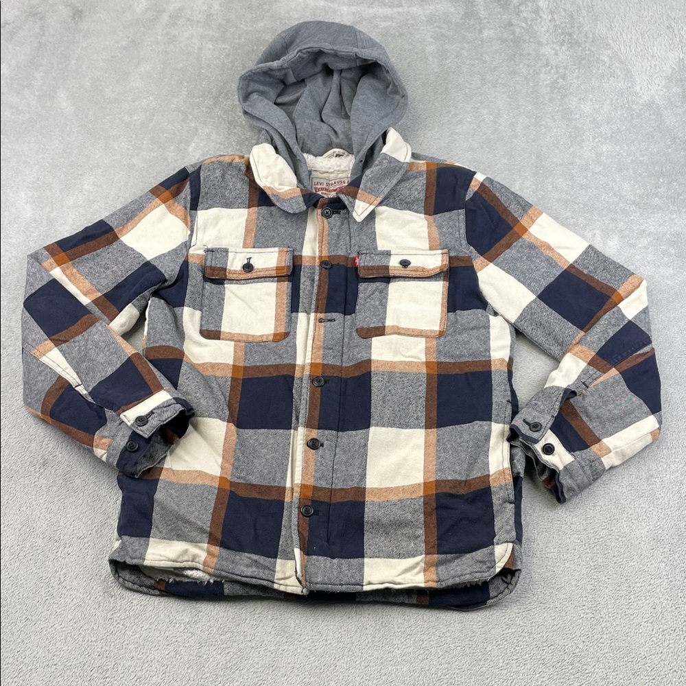 Levi S Men's Plaid Sherpa Lined Flannel Jacket with Hood Missing Button Shacket